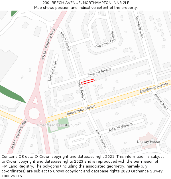 230, BEECH AVENUE, NORTHAMPTON, NN3 2LE: Location map and indicative extent of plot