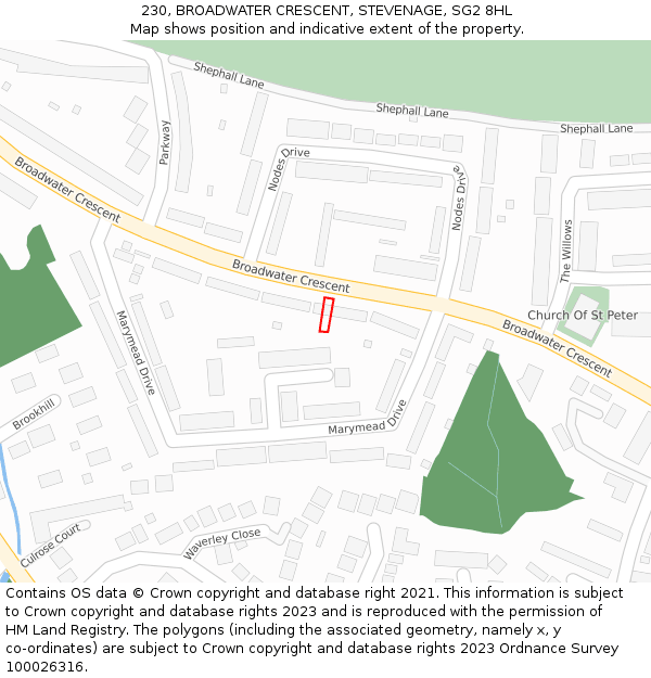 230, BROADWATER CRESCENT, STEVENAGE, SG2 8HL: Location map and indicative extent of plot