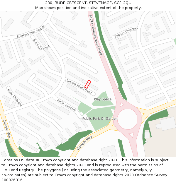 230, BUDE CRESCENT, STEVENAGE, SG1 2QU: Location map and indicative extent of plot