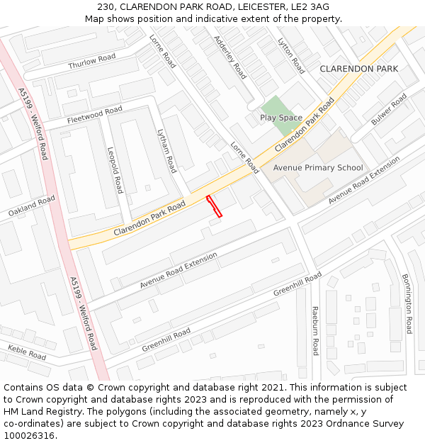 230, CLARENDON PARK ROAD, LEICESTER, LE2 3AG: Location map and indicative extent of plot
