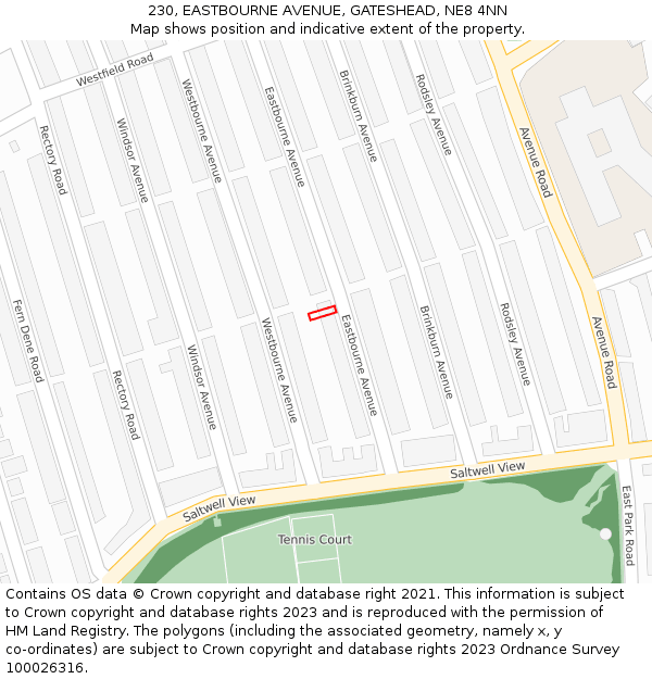 230, EASTBOURNE AVENUE, GATESHEAD, NE8 4NN: Location map and indicative extent of plot