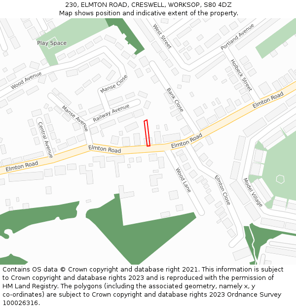 230, ELMTON ROAD, CRESWELL, WORKSOP, S80 4DZ: Location map and indicative extent of plot