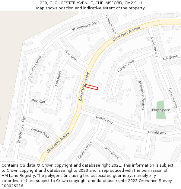 230, GLOUCESTER AVENUE, CHELMSFORD, CM2 9LH: Location map and indicative extent of plot