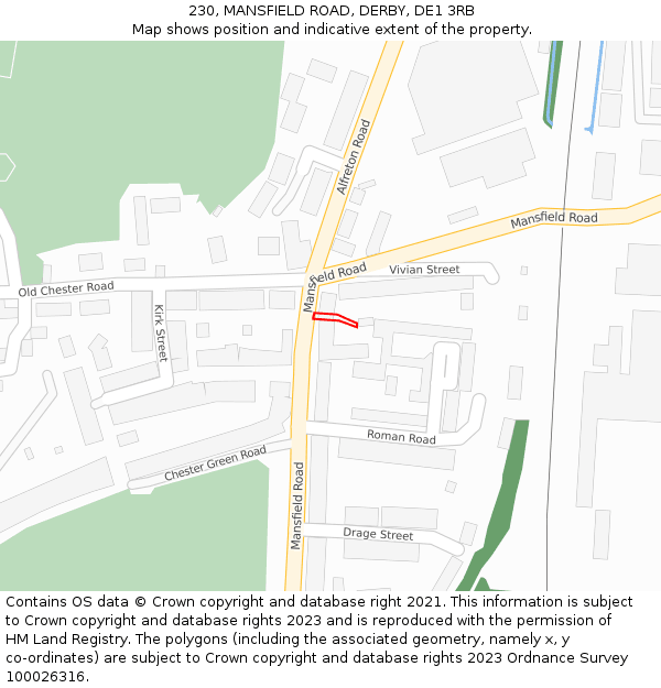230, MANSFIELD ROAD, DERBY, DE1 3RB: Location map and indicative extent of plot