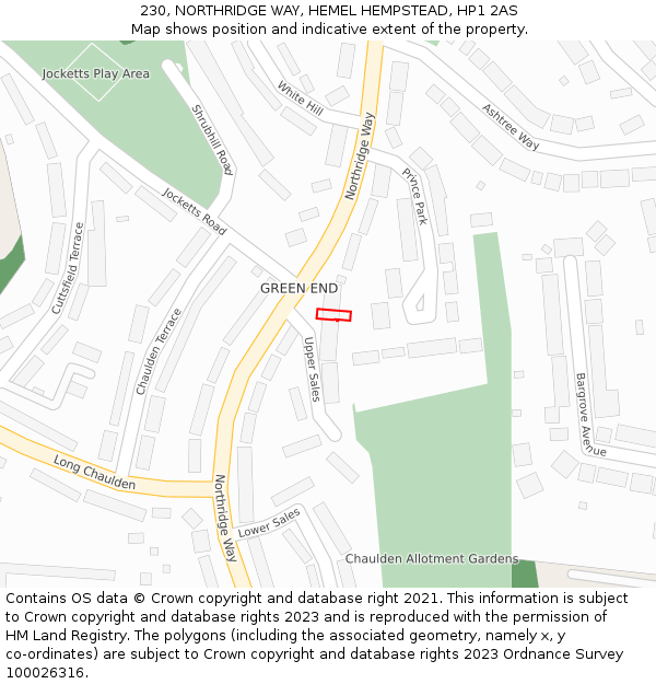 230, NORTHRIDGE WAY, HEMEL HEMPSTEAD, HP1 2AS: Location map and indicative extent of plot