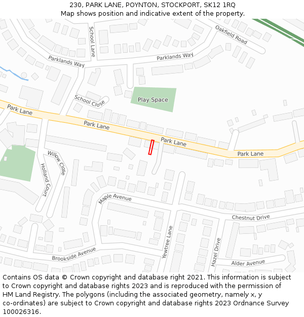 230, PARK LANE, POYNTON, STOCKPORT, SK12 1RQ: Location map and indicative extent of plot