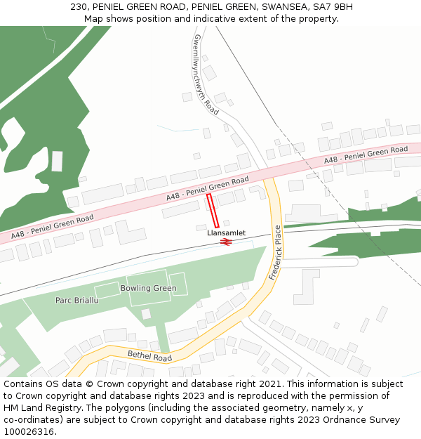 230, PENIEL GREEN ROAD, PENIEL GREEN, SWANSEA, SA7 9BH: Location map and indicative extent of plot