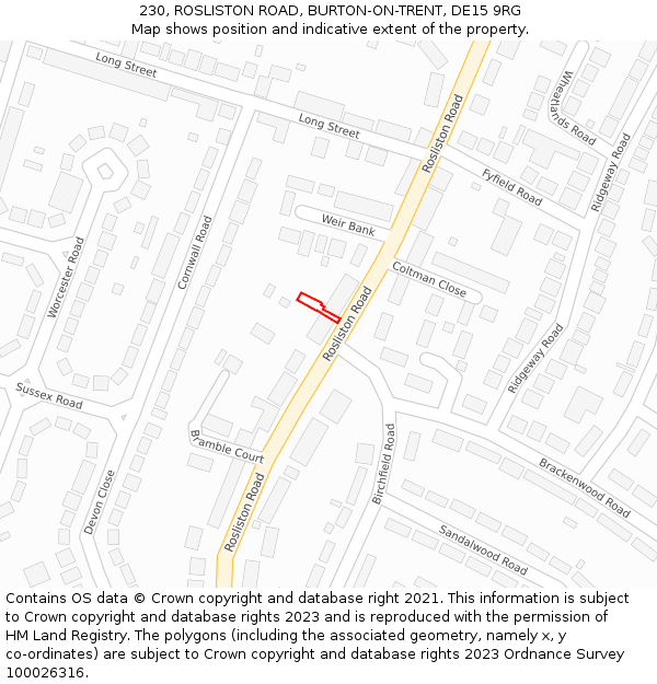 230, ROSLISTON ROAD, BURTON-ON-TRENT, DE15 9RG: Location map and indicative extent of plot