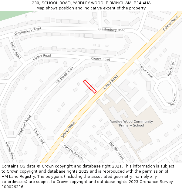 230, SCHOOL ROAD, YARDLEY WOOD, BIRMINGHAM, B14 4HA: Location map and indicative extent of plot
