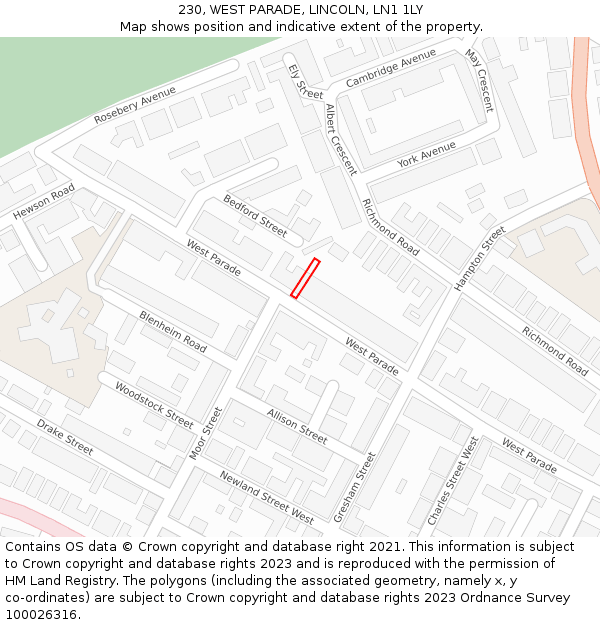 230, WEST PARADE, LINCOLN, LN1 1LY: Location map and indicative extent of plot