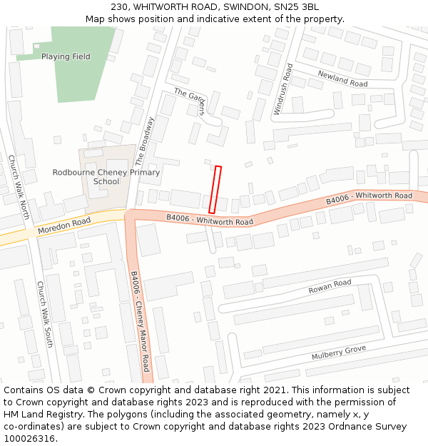 230, WHITWORTH ROAD, SWINDON, SN25 3BL: Location map and indicative extent of plot