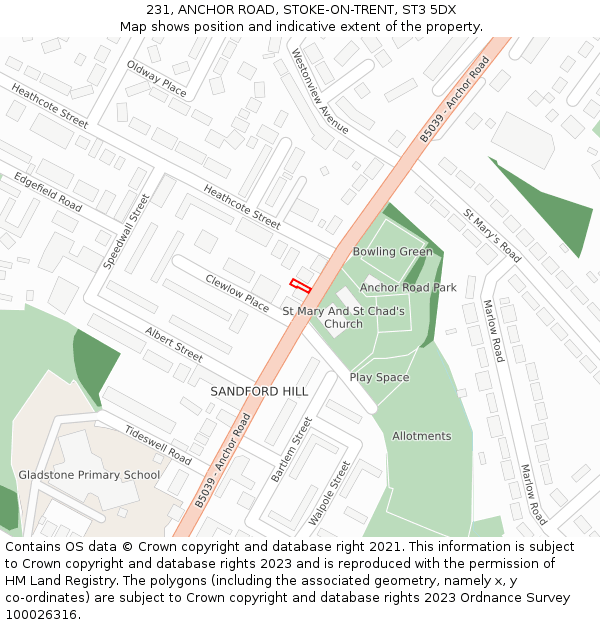 231, ANCHOR ROAD, STOKE-ON-TRENT, ST3 5DX: Location map and indicative extent of plot