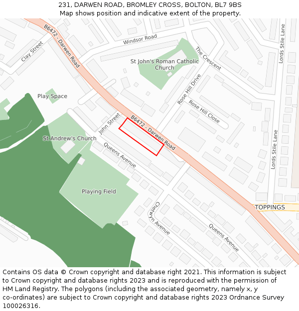 231, DARWEN ROAD, BROMLEY CROSS, BOLTON, BL7 9BS: Location map and indicative extent of plot
