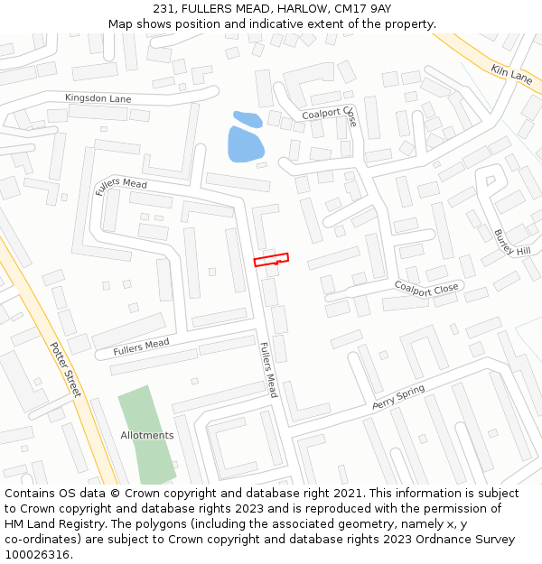 231, FULLERS MEAD, HARLOW, CM17 9AY: Location map and indicative extent of plot