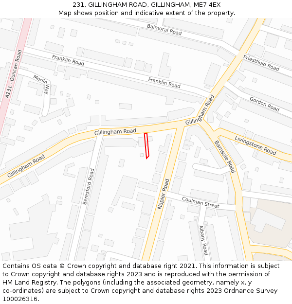 231, GILLINGHAM ROAD, GILLINGHAM, ME7 4EX: Location map and indicative extent of plot