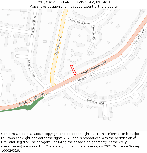 231, GROVELEY LANE, BIRMINGHAM, B31 4QB: Location map and indicative extent of plot