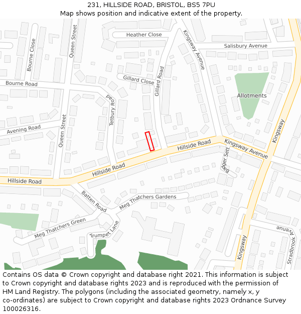 231, HILLSIDE ROAD, BRISTOL, BS5 7PU: Location map and indicative extent of plot