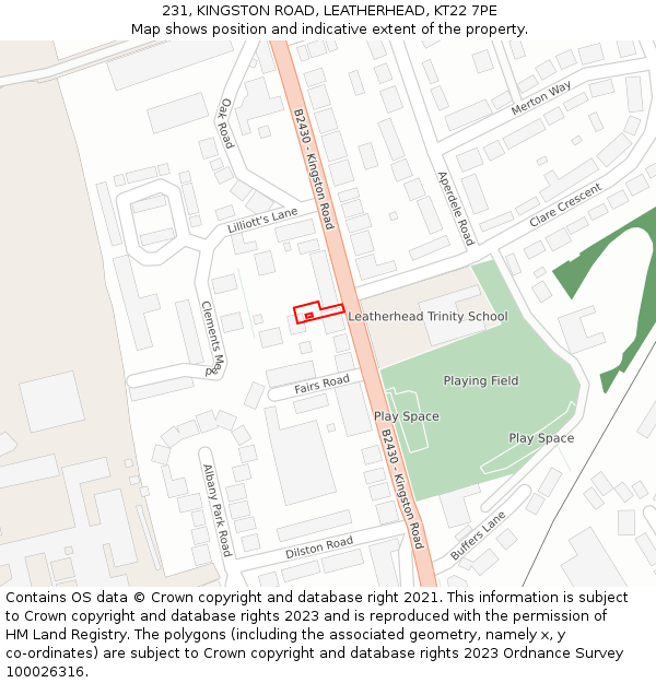 231, KINGSTON ROAD, LEATHERHEAD, KT22 7PE: Location map and indicative extent of plot