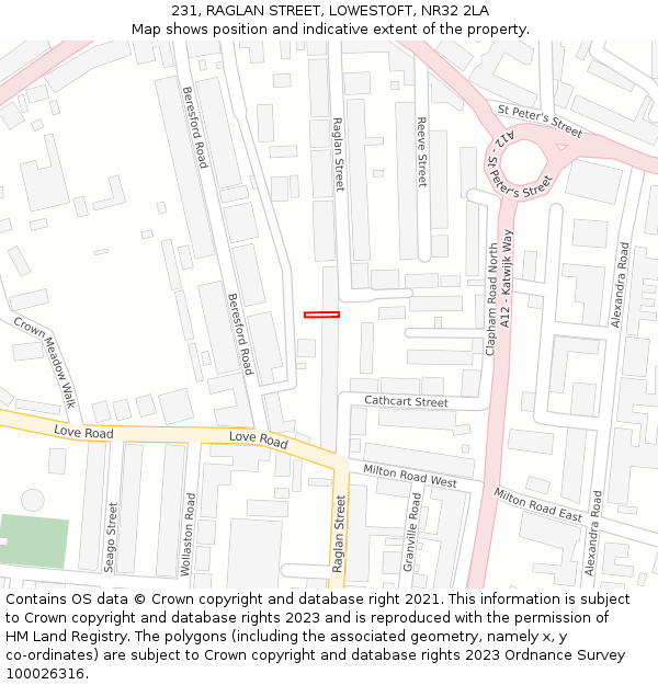 231, RAGLAN STREET, LOWESTOFT, NR32 2LA: Location map and indicative extent of plot