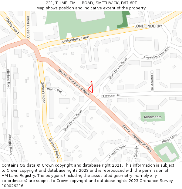 231, THIMBLEMILL ROAD, SMETHWICK, B67 6PT: Location map and indicative extent of plot