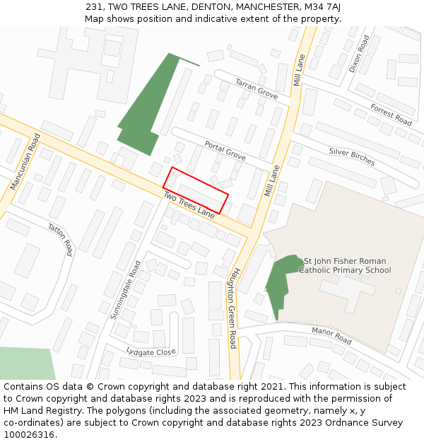 231, TWO TREES LANE, DENTON, MANCHESTER, M34 7AJ: Location map and indicative extent of plot