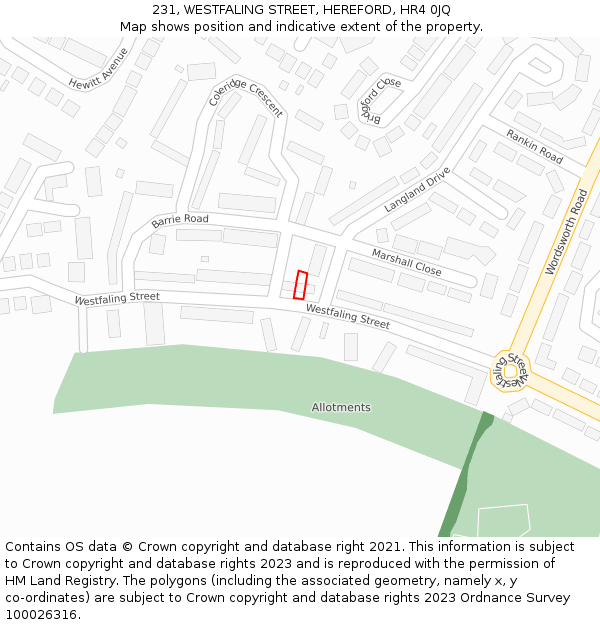 231, WESTFALING STREET, HEREFORD, HR4 0JQ: Location map and indicative extent of plot