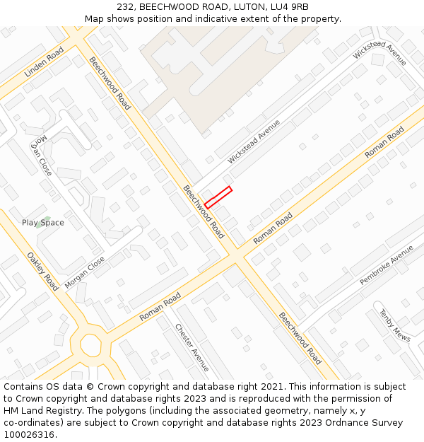 232, BEECHWOOD ROAD, LUTON, LU4 9RB: Location map and indicative extent of plot