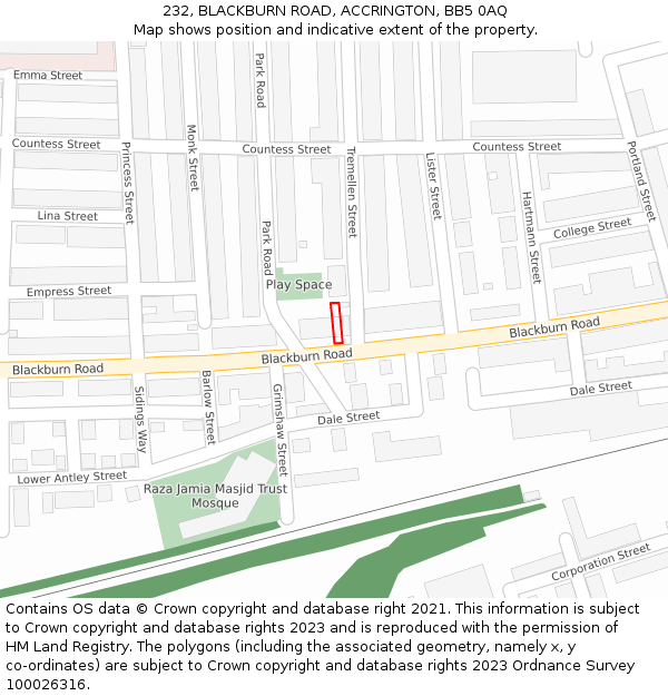 232, BLACKBURN ROAD, ACCRINGTON, BB5 0AQ: Location map and indicative extent of plot