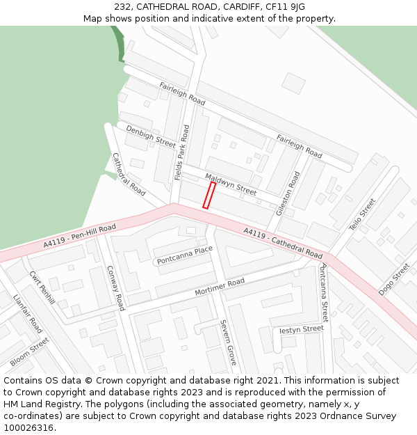 232, CATHEDRAL ROAD, CARDIFF, CF11 9JG: Location map and indicative extent of plot