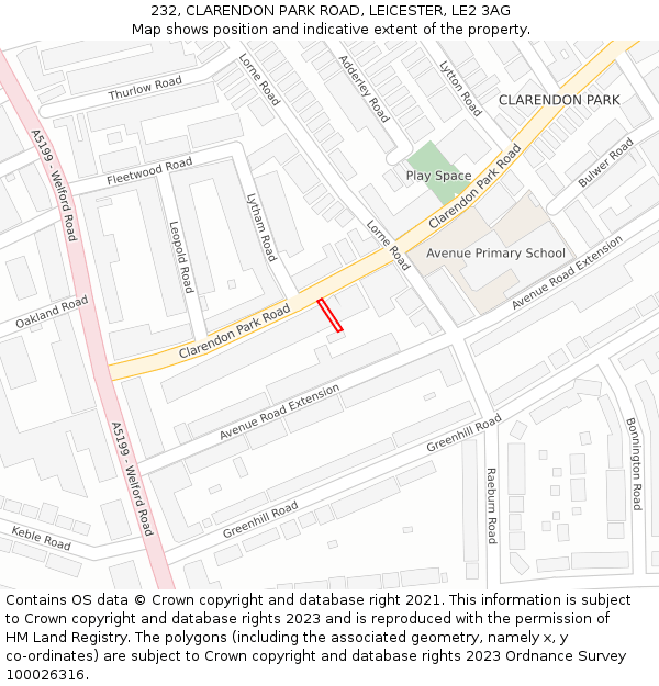 232, CLARENDON PARK ROAD, LEICESTER, LE2 3AG: Location map and indicative extent of plot