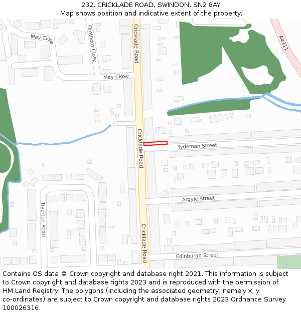 232, CRICKLADE ROAD, SWINDON, SN2 8AY: Location map and indicative extent of plot