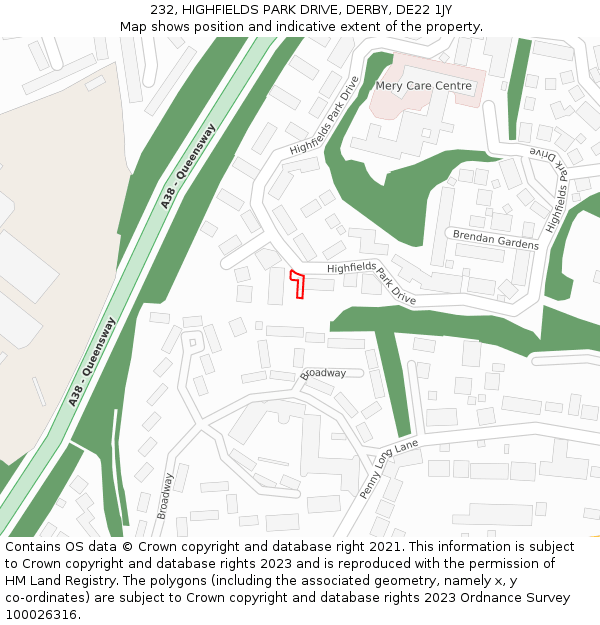 232, HIGHFIELDS PARK DRIVE, DERBY, DE22 1JY: Location map and indicative extent of plot