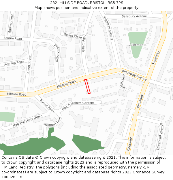 232, HILLSIDE ROAD, BRISTOL, BS5 7PS: Location map and indicative extent of plot
