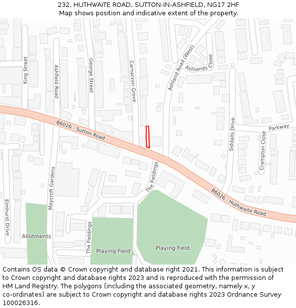 232, HUTHWAITE ROAD, SUTTON-IN-ASHFIELD, NG17 2HF: Location map and indicative extent of plot