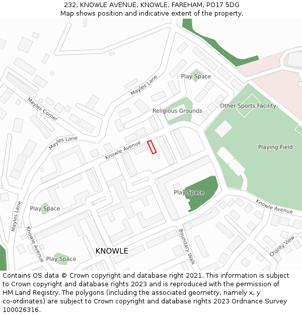 232, KNOWLE AVENUE, KNOWLE, FAREHAM, PO17 5DG: Location map and indicative extent of plot