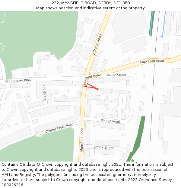 232, MANSFIELD ROAD, DERBY, DE1 3RB: Location map and indicative extent of plot
