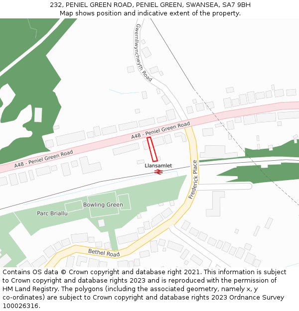 232, PENIEL GREEN ROAD, PENIEL GREEN, SWANSEA, SA7 9BH: Location map and indicative extent of plot