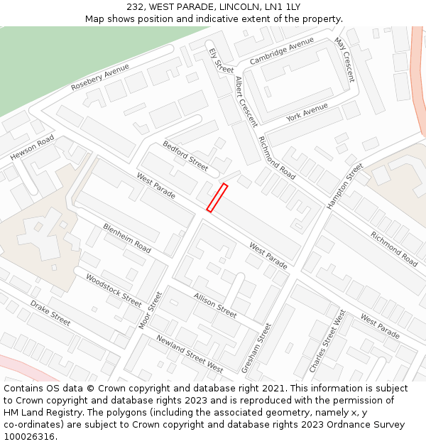 232, WEST PARADE, LINCOLN, LN1 1LY: Location map and indicative extent of plot