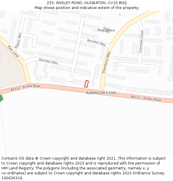 233, ANSLEY ROAD, NUNEATON, CV10 8NQ: Location map and indicative extent of plot