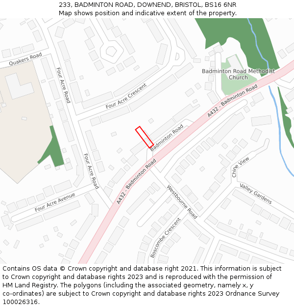 233, BADMINTON ROAD, DOWNEND, BRISTOL, BS16 6NR: Location map and indicative extent of plot