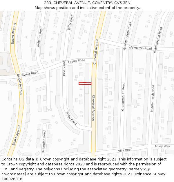 233, CHEVERAL AVENUE, COVENTRY, CV6 3EN: Location map and indicative extent of plot