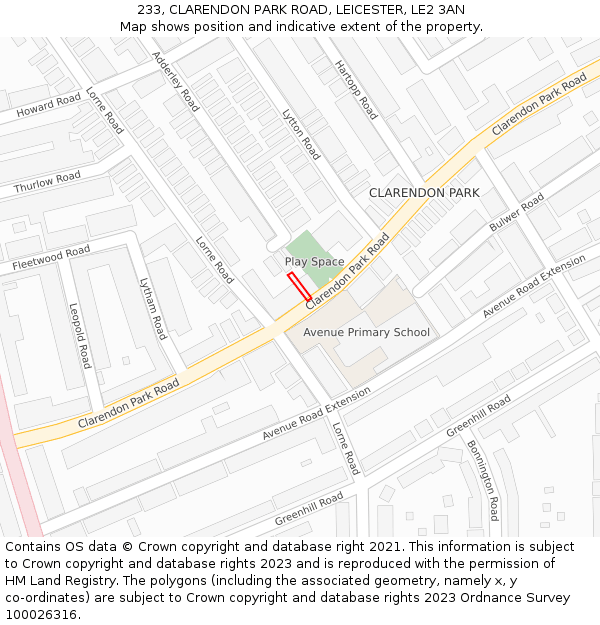 233, CLARENDON PARK ROAD, LEICESTER, LE2 3AN: Location map and indicative extent of plot