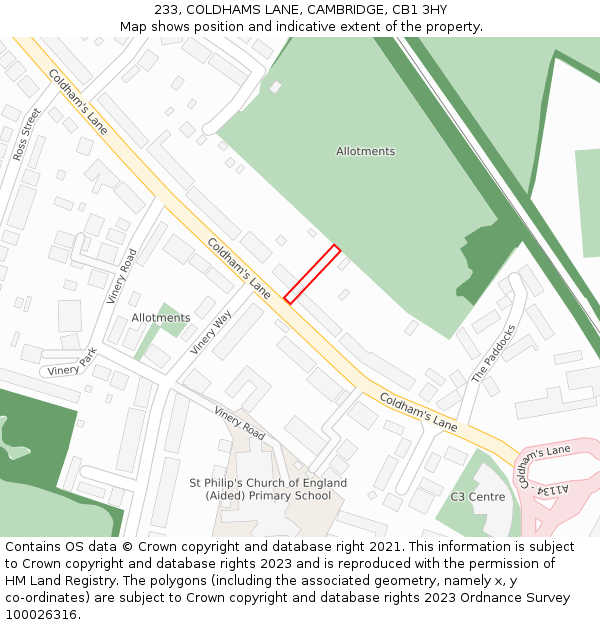 233, COLDHAMS LANE, CAMBRIDGE, CB1 3HY: Location map and indicative extent of plot