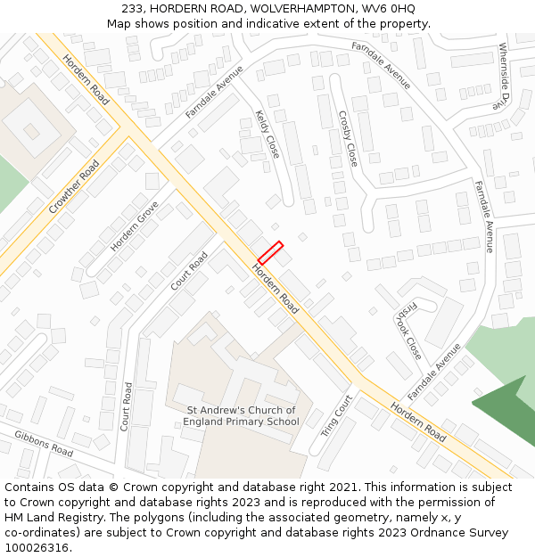 233, HORDERN ROAD, WOLVERHAMPTON, WV6 0HQ: Location map and indicative extent of plot