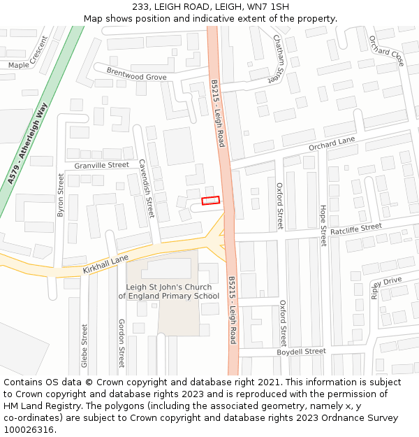 233, LEIGH ROAD, LEIGH, WN7 1SH: Location map and indicative extent of plot