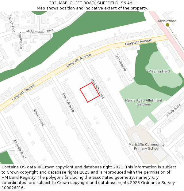 233, MARLCLIFFE ROAD, SHEFFIELD, S6 4AH: Location map and indicative extent of plot
