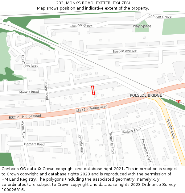 233, MONKS ROAD, EXETER, EX4 7BN: Location map and indicative extent of plot