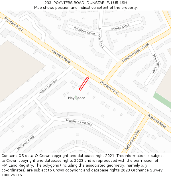 233, POYNTERS ROAD, DUNSTABLE, LU5 4SH: Location map and indicative extent of plot