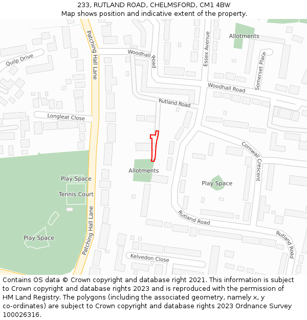 233, RUTLAND ROAD, CHELMSFORD, CM1 4BW: Location map and indicative extent of plot