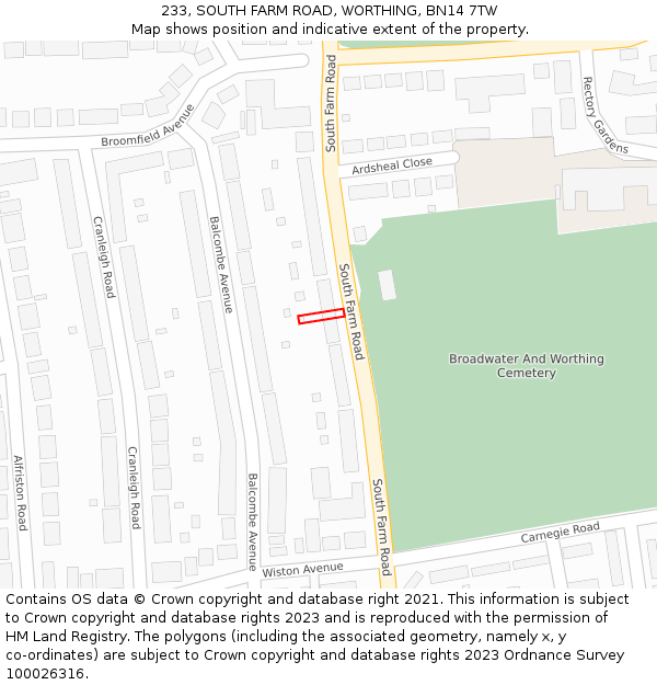 233, SOUTH FARM ROAD, WORTHING, BN14 7TW: Location map and indicative extent of plot